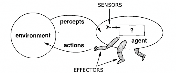 Agents interact with environments through sensors and effectors.
